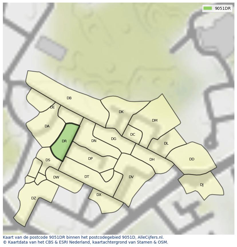 Afbeelding van het postcodegebied 9051 DR op de kaart.