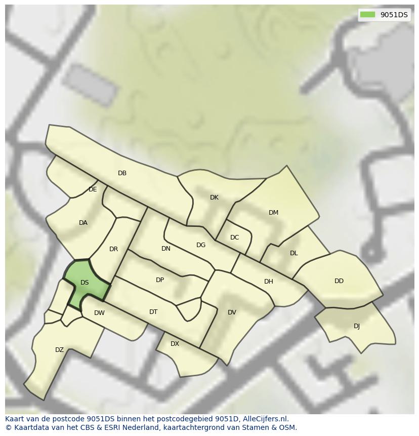 Afbeelding van het postcodegebied 9051 DS op de kaart.