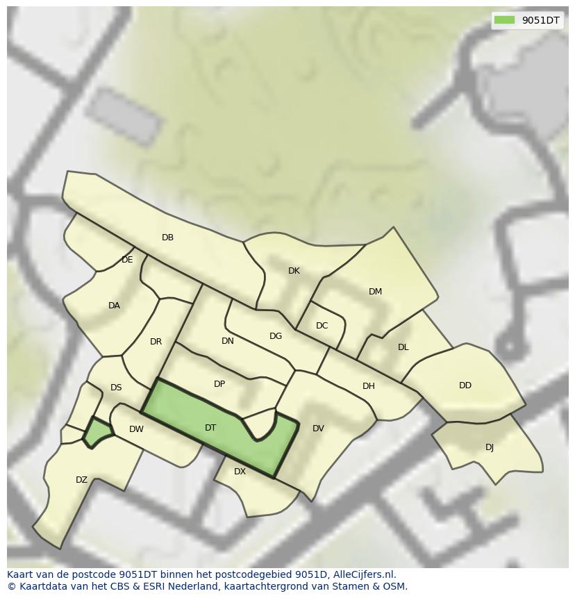 Afbeelding van het postcodegebied 9051 DT op de kaart.