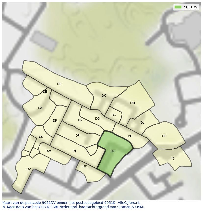 Afbeelding van het postcodegebied 9051 DV op de kaart.