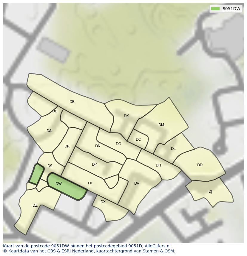 Afbeelding van het postcodegebied 9051 DW op de kaart.