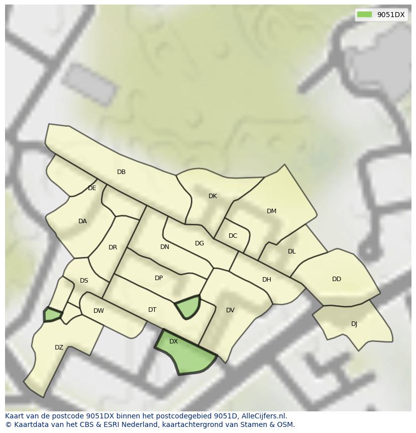 Afbeelding van het postcodegebied 9051 DX op de kaart.