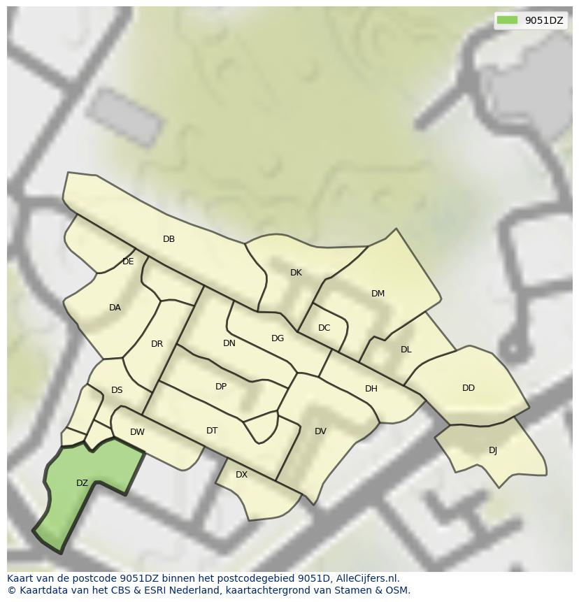 Afbeelding van het postcodegebied 9051 DZ op de kaart.