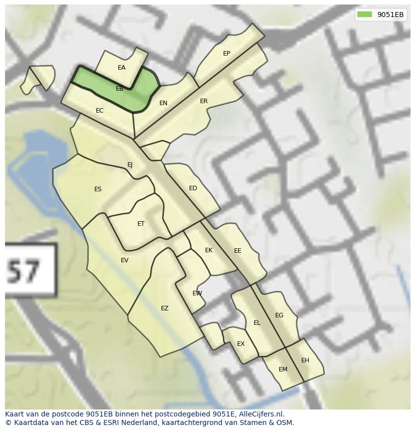 Afbeelding van het postcodegebied 9051 EB op de kaart.
