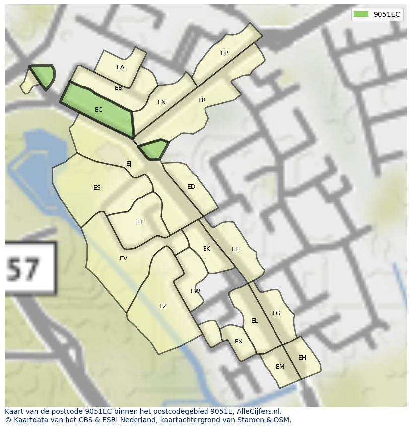 Afbeelding van het postcodegebied 9051 EC op de kaart.