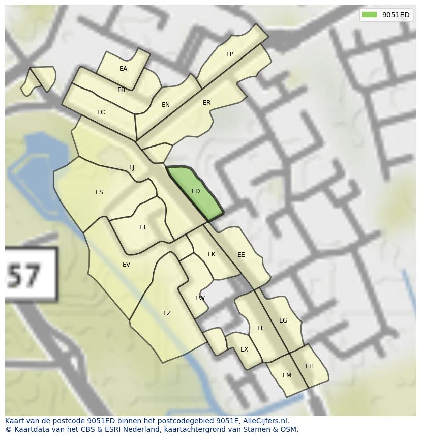 Afbeelding van het postcodegebied 9051 ED op de kaart.