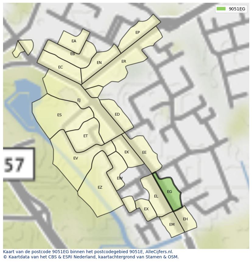 Afbeelding van het postcodegebied 9051 EG op de kaart.