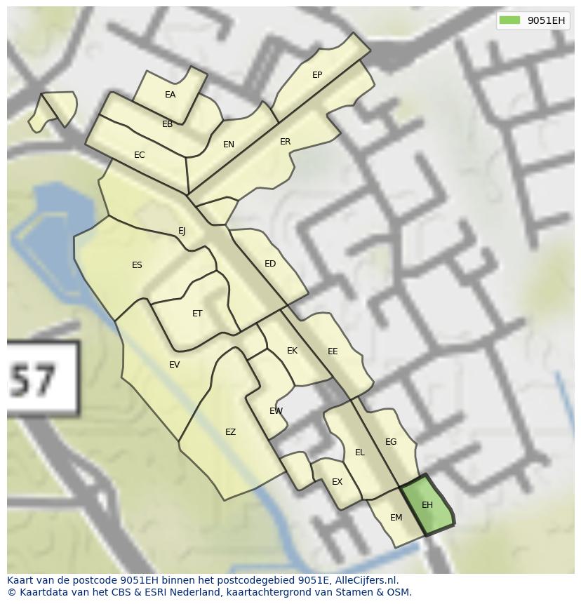 Afbeelding van het postcodegebied 9051 EH op de kaart.