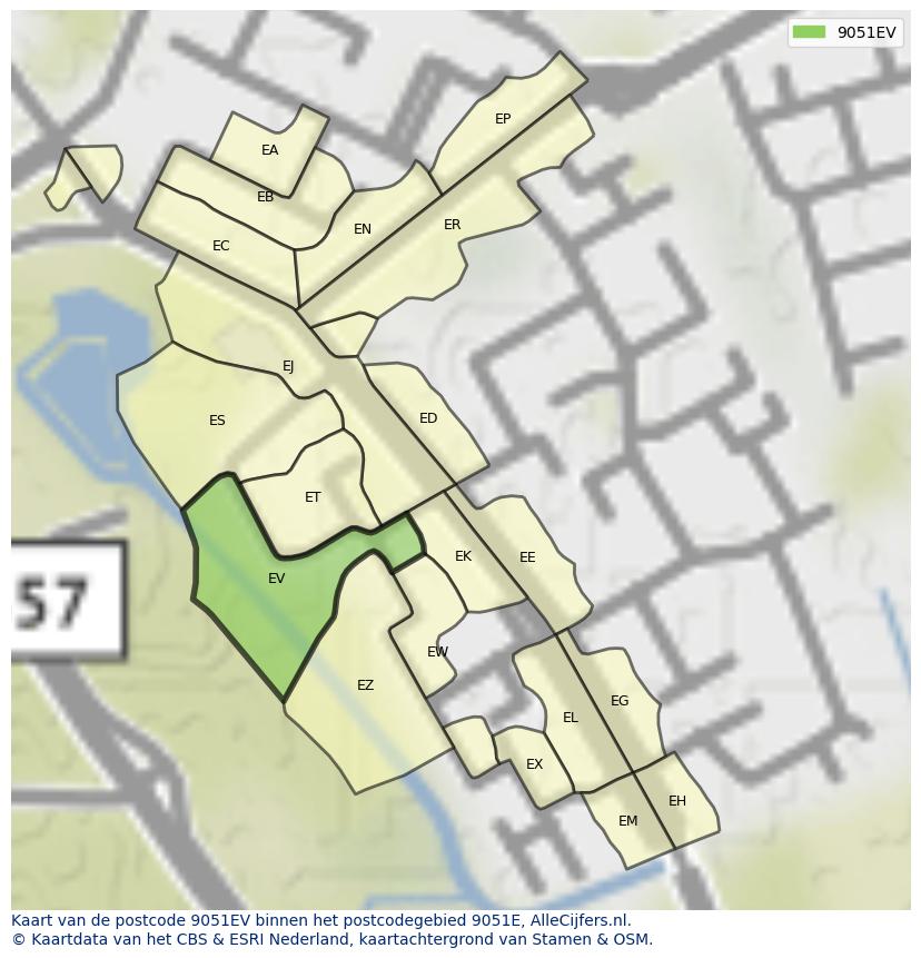 Afbeelding van het postcodegebied 9051 EV op de kaart.