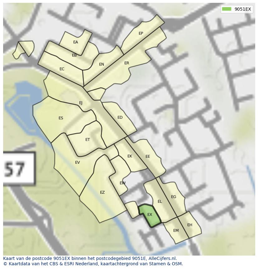 Afbeelding van het postcodegebied 9051 EX op de kaart.
