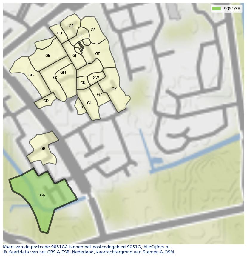 Afbeelding van het postcodegebied 9051 GA op de kaart.