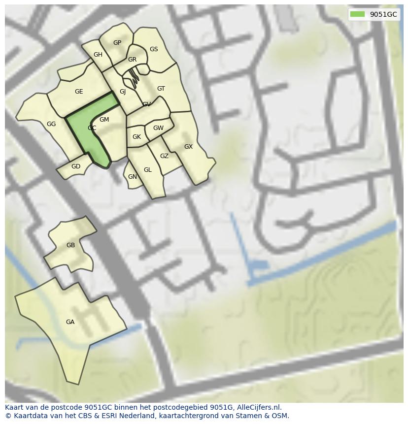 Afbeelding van het postcodegebied 9051 GC op de kaart.