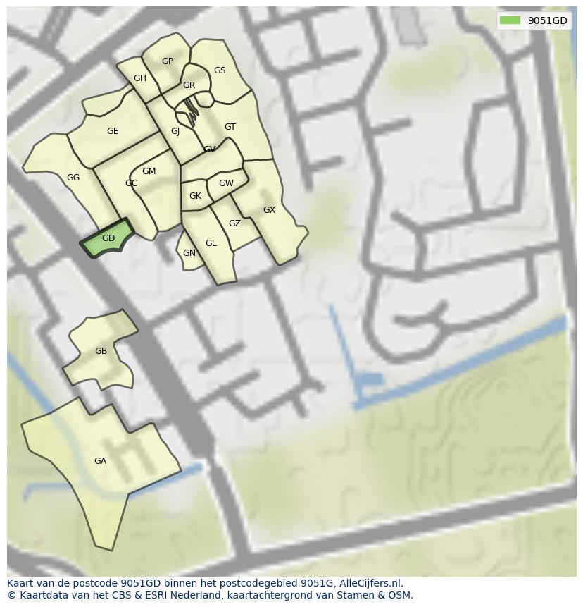 Afbeelding van het postcodegebied 9051 GD op de kaart.