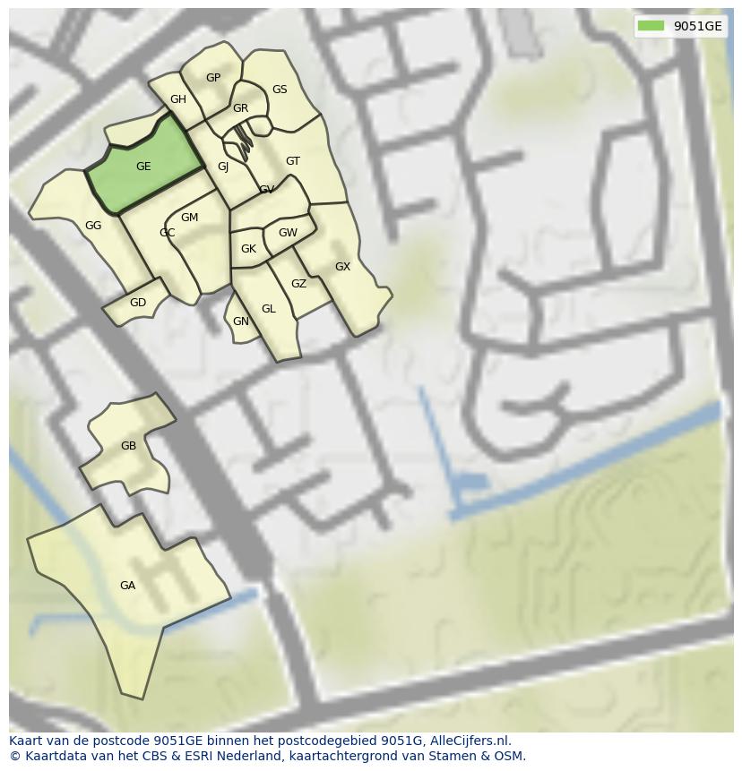Afbeelding van het postcodegebied 9051 GE op de kaart.