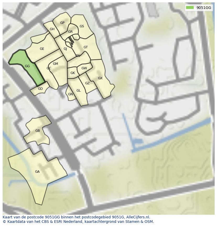 Afbeelding van het postcodegebied 9051 GG op de kaart.