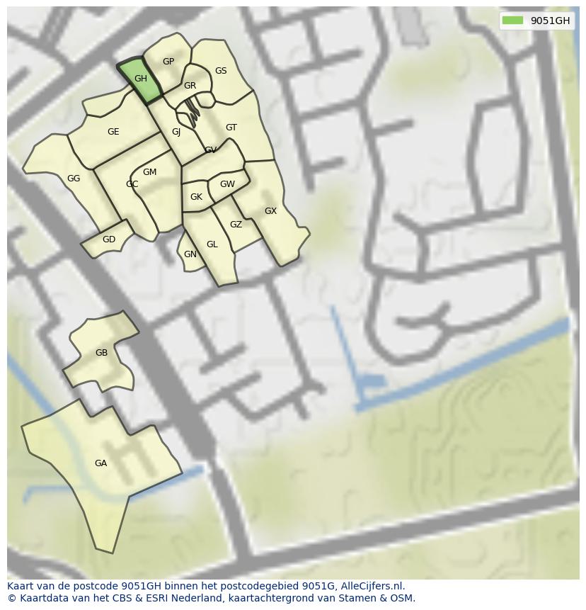 Afbeelding van het postcodegebied 9051 GH op de kaart.