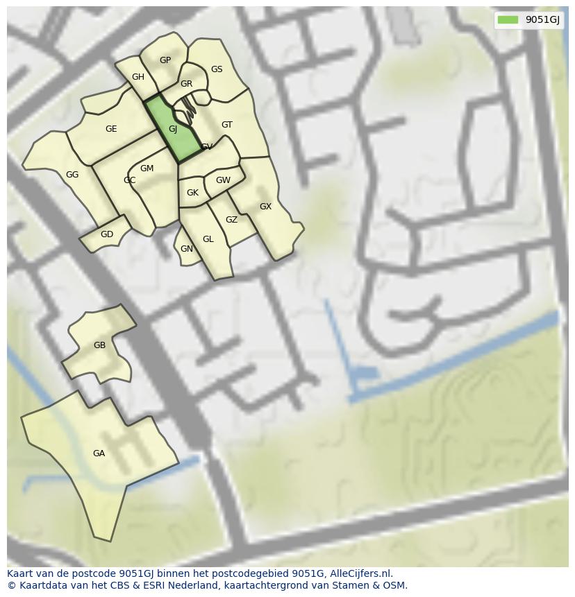 Afbeelding van het postcodegebied 9051 GJ op de kaart.