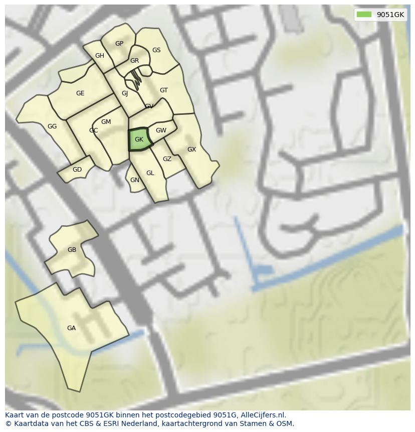 Afbeelding van het postcodegebied 9051 GK op de kaart.