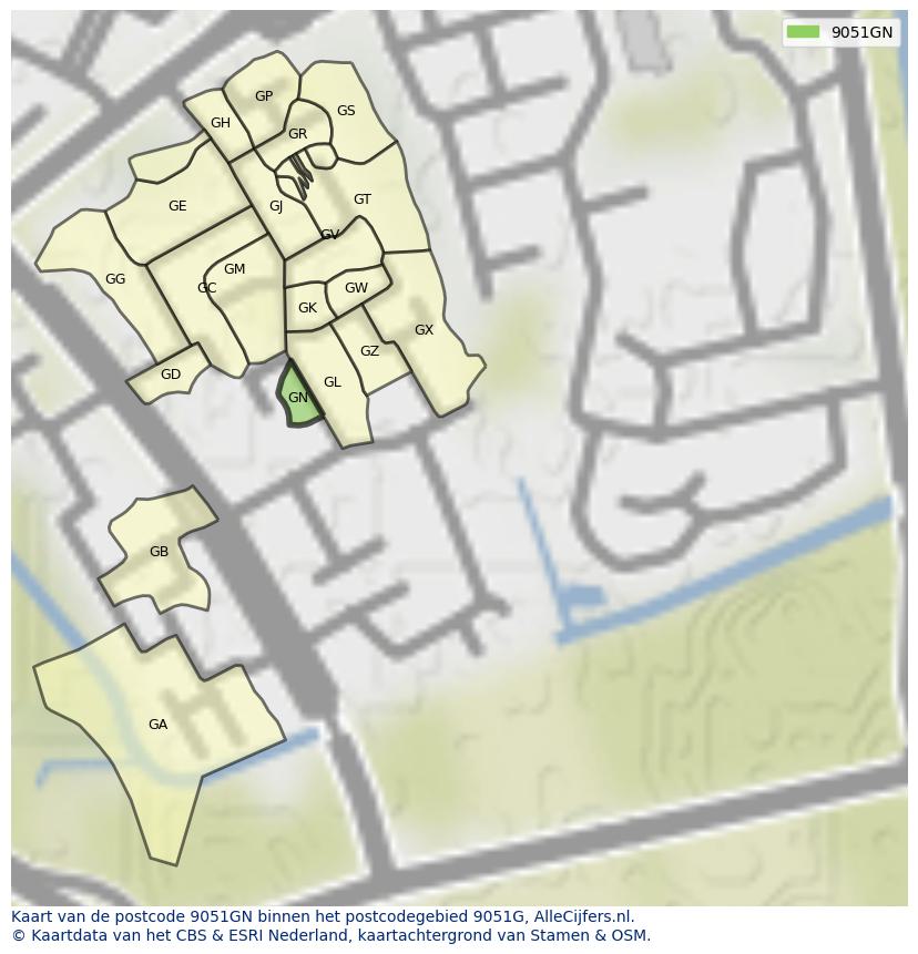 Afbeelding van het postcodegebied 9051 GN op de kaart.