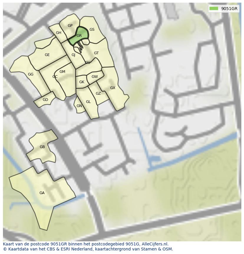 Afbeelding van het postcodegebied 9051 GR op de kaart.
