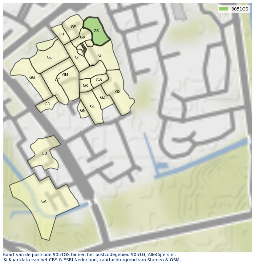 Afbeelding van het postcodegebied 9051 GS op de kaart.