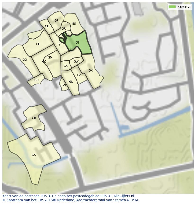 Afbeelding van het postcodegebied 9051 GT op de kaart.