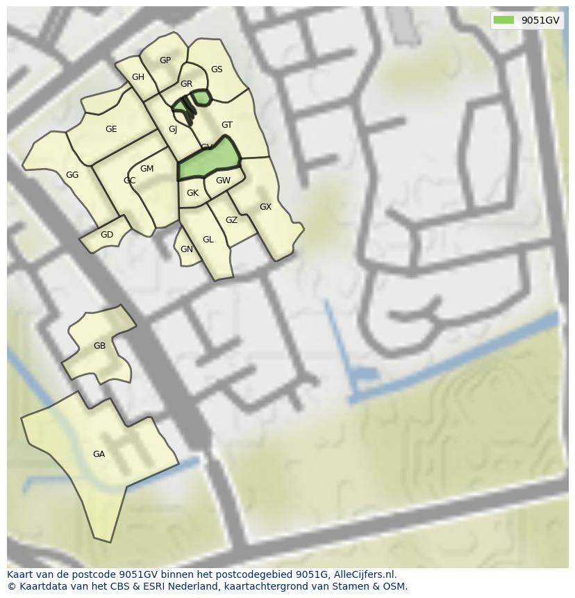 Afbeelding van het postcodegebied 9051 GV op de kaart.