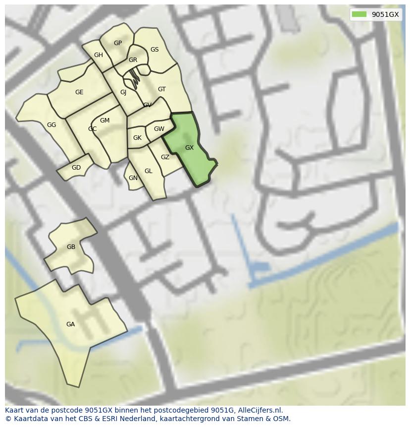 Afbeelding van het postcodegebied 9051 GX op de kaart.