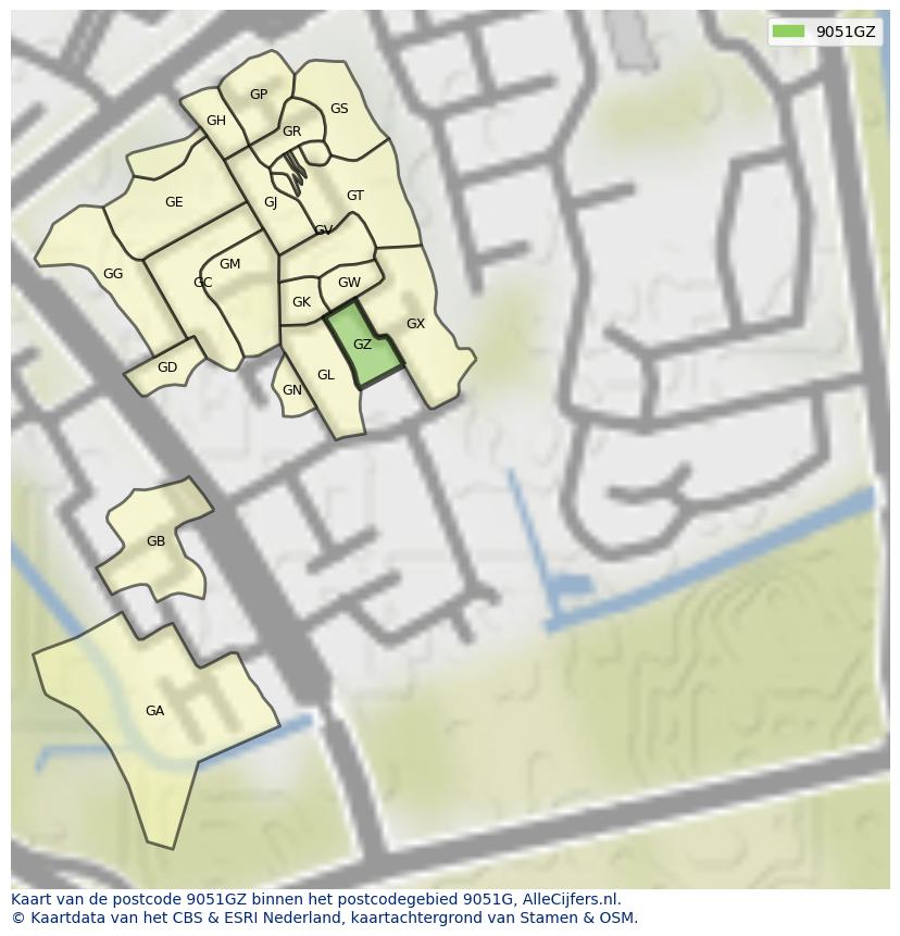 Afbeelding van het postcodegebied 9051 GZ op de kaart.
