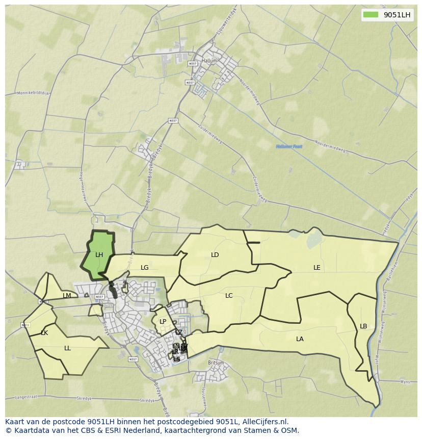 Afbeelding van het postcodegebied 9051 LH op de kaart.