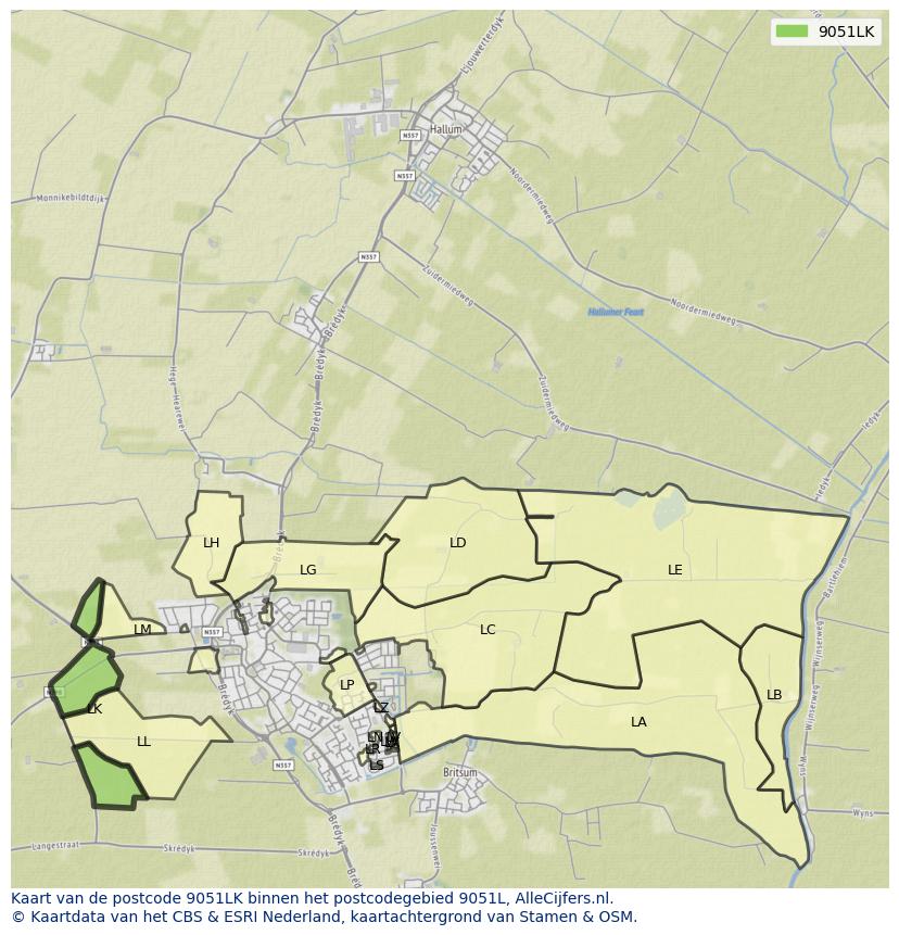 Afbeelding van het postcodegebied 9051 LK op de kaart.