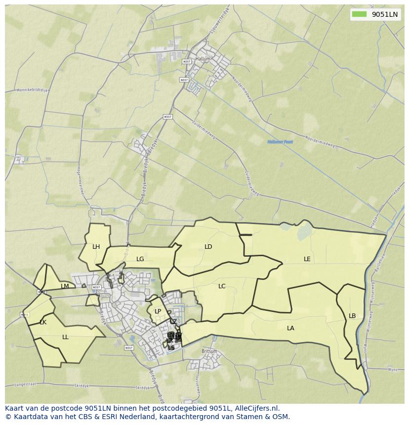 Afbeelding van het postcodegebied 9051 LN op de kaart.
