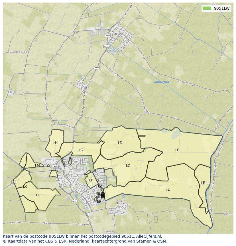 Afbeelding van het postcodegebied 9051 LW op de kaart.