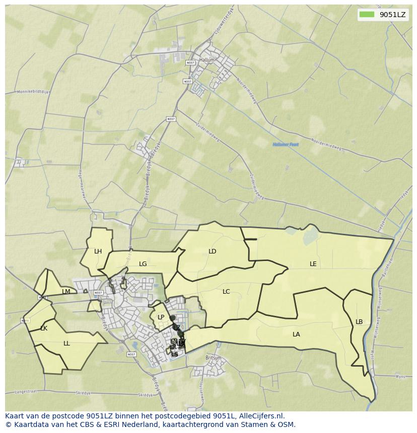 Afbeelding van het postcodegebied 9051 LZ op de kaart.