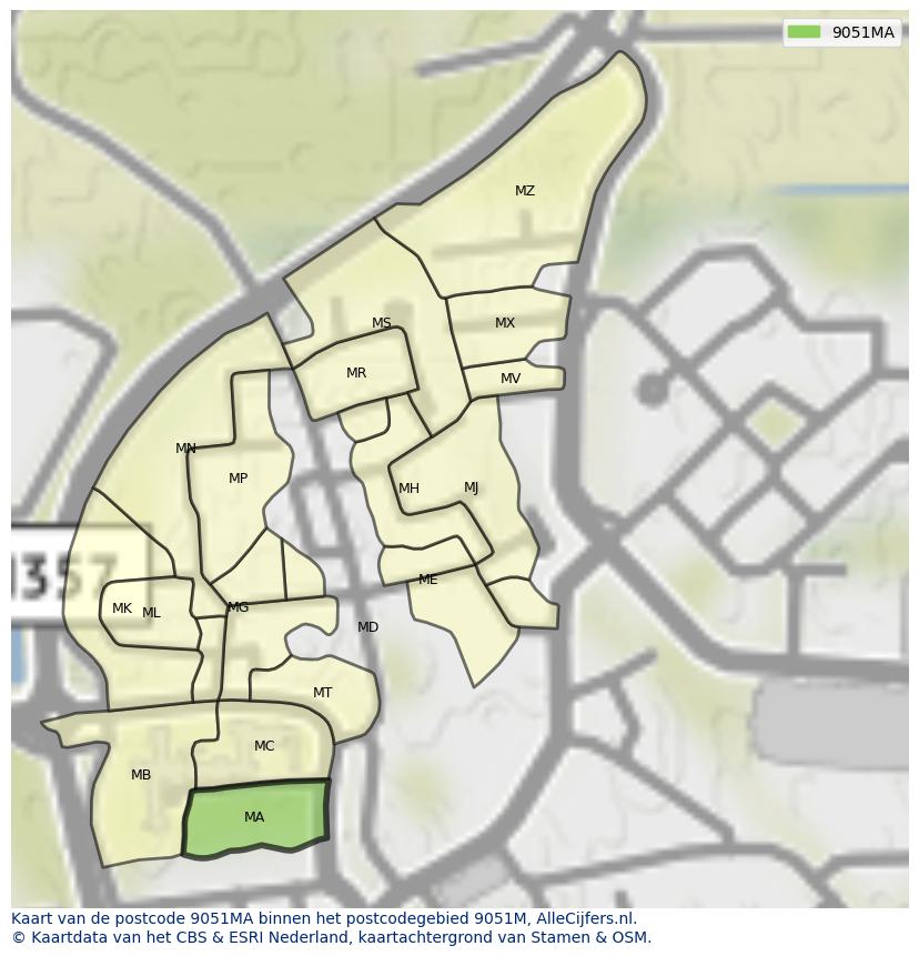 Afbeelding van het postcodegebied 9051 MA op de kaart.