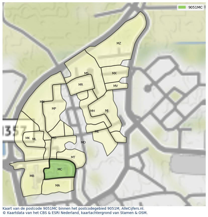 Afbeelding van het postcodegebied 9051 MC op de kaart.