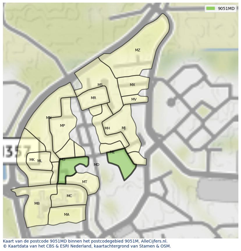 Afbeelding van het postcodegebied 9051 MD op de kaart.