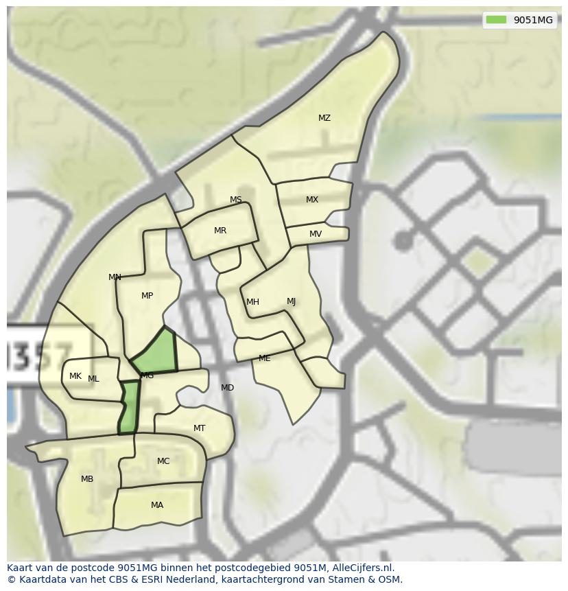 Afbeelding van het postcodegebied 9051 MG op de kaart.