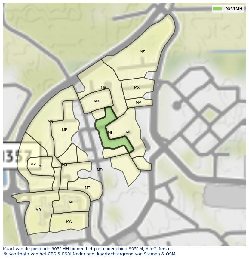 Afbeelding van het postcodegebied 9051 MH op de kaart.