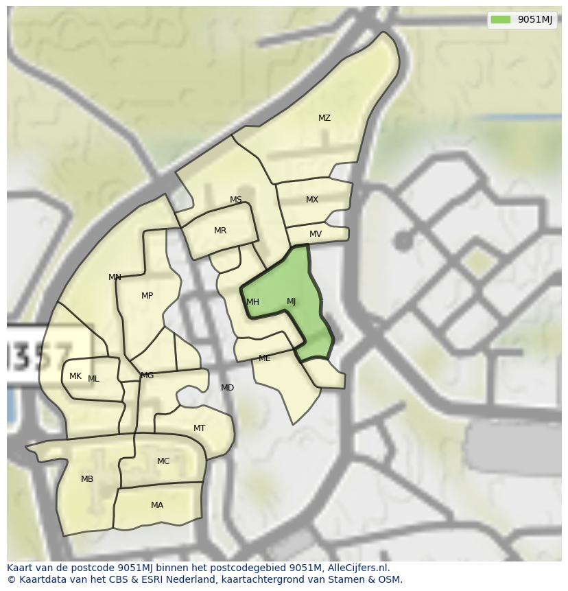 Afbeelding van het postcodegebied 9051 MJ op de kaart.