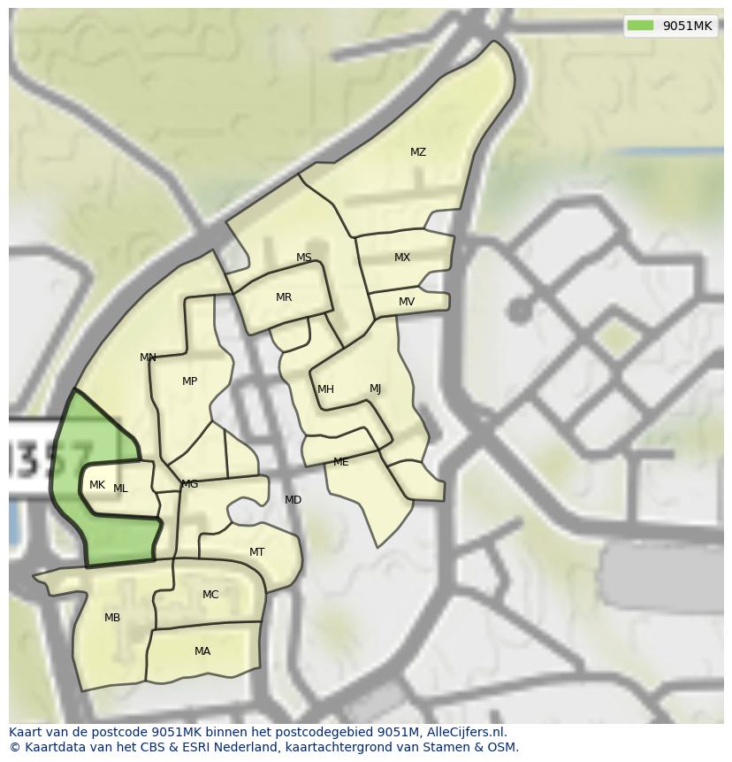 Afbeelding van het postcodegebied 9051 MK op de kaart.