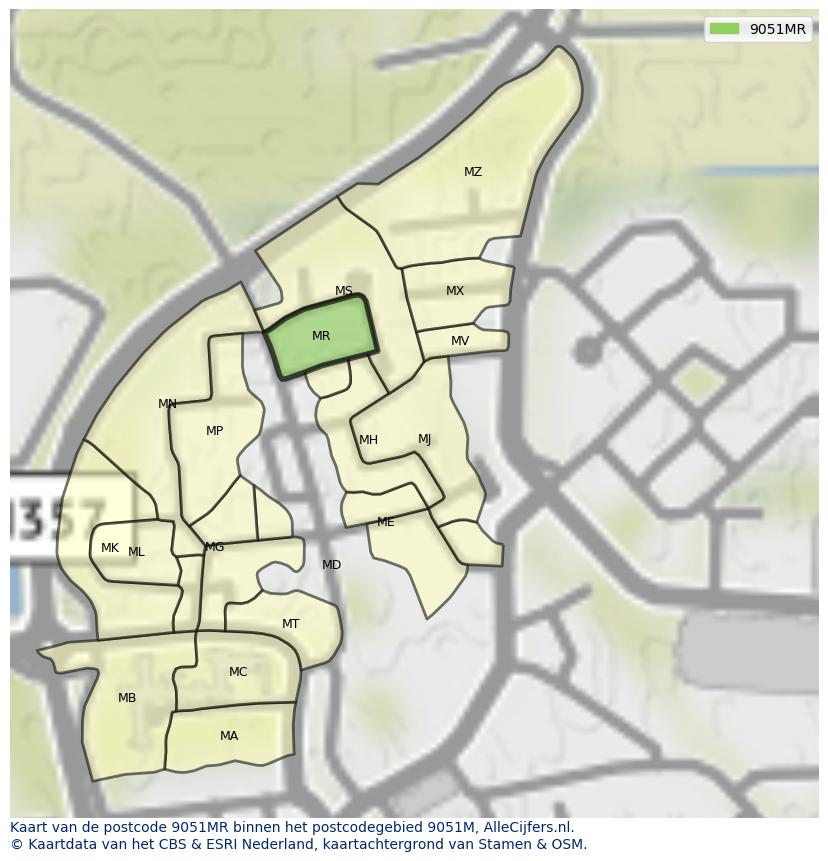 Afbeelding van het postcodegebied 9051 MR op de kaart.