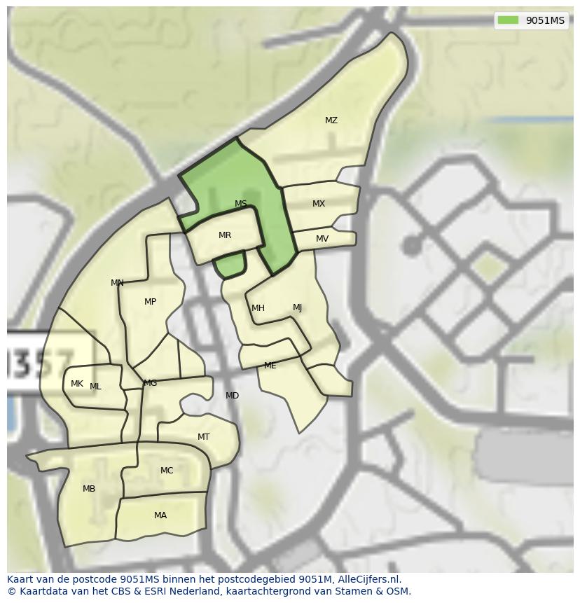 Afbeelding van het postcodegebied 9051 MS op de kaart.