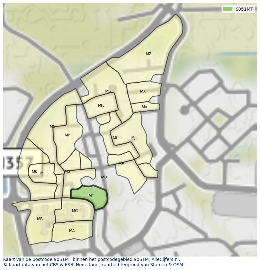 Afbeelding van het postcodegebied 9051 MT op de kaart.