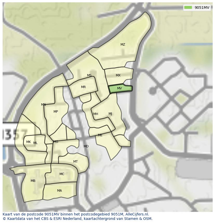 Afbeelding van het postcodegebied 9051 MV op de kaart.