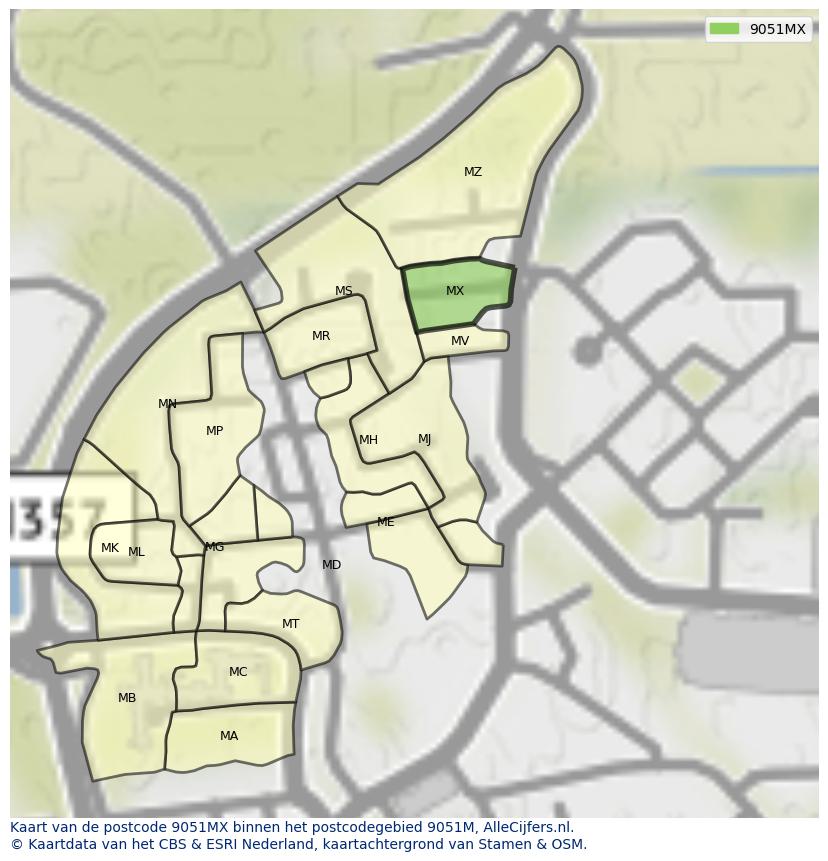 Afbeelding van het postcodegebied 9051 MX op de kaart.