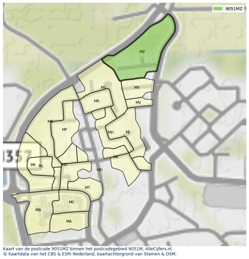 Afbeelding van het postcodegebied 9051 MZ op de kaart.