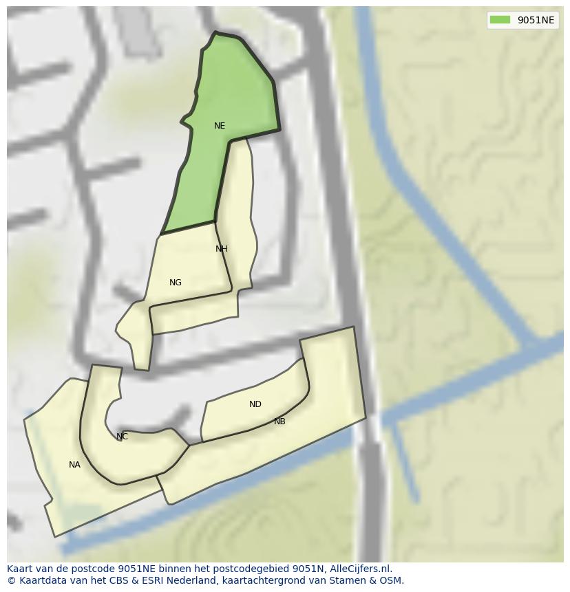 Afbeelding van het postcodegebied 9051 NE op de kaart.