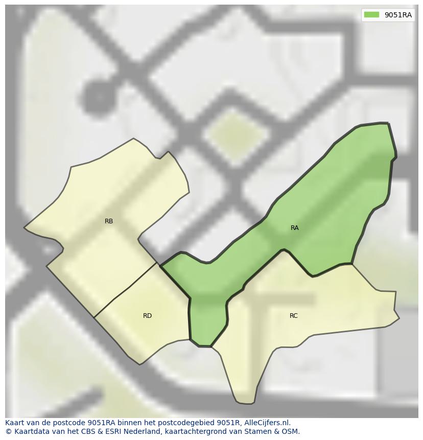 Afbeelding van het postcodegebied 9051 RA op de kaart.