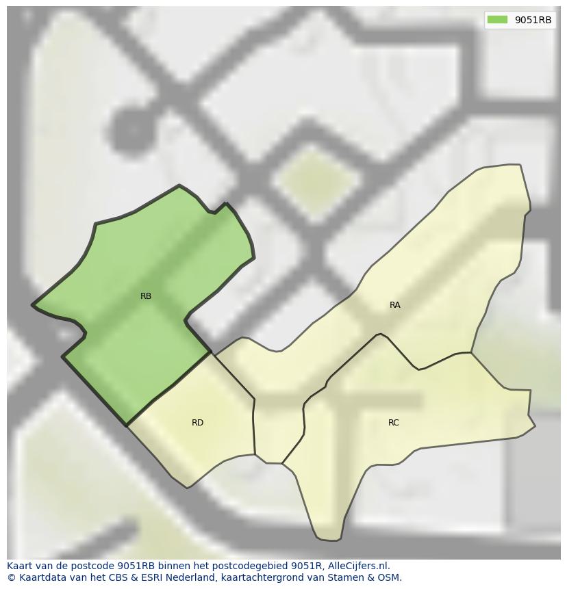 Afbeelding van het postcodegebied 9051 RB op de kaart.